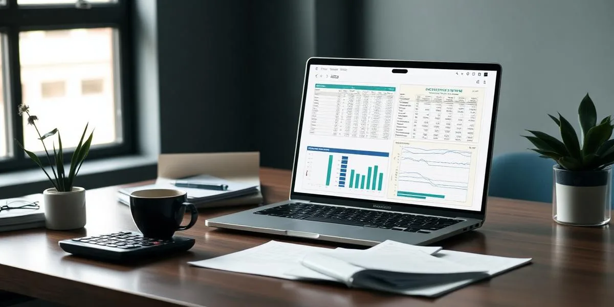 Accountant's desk with financial statements and management reports on a laptop