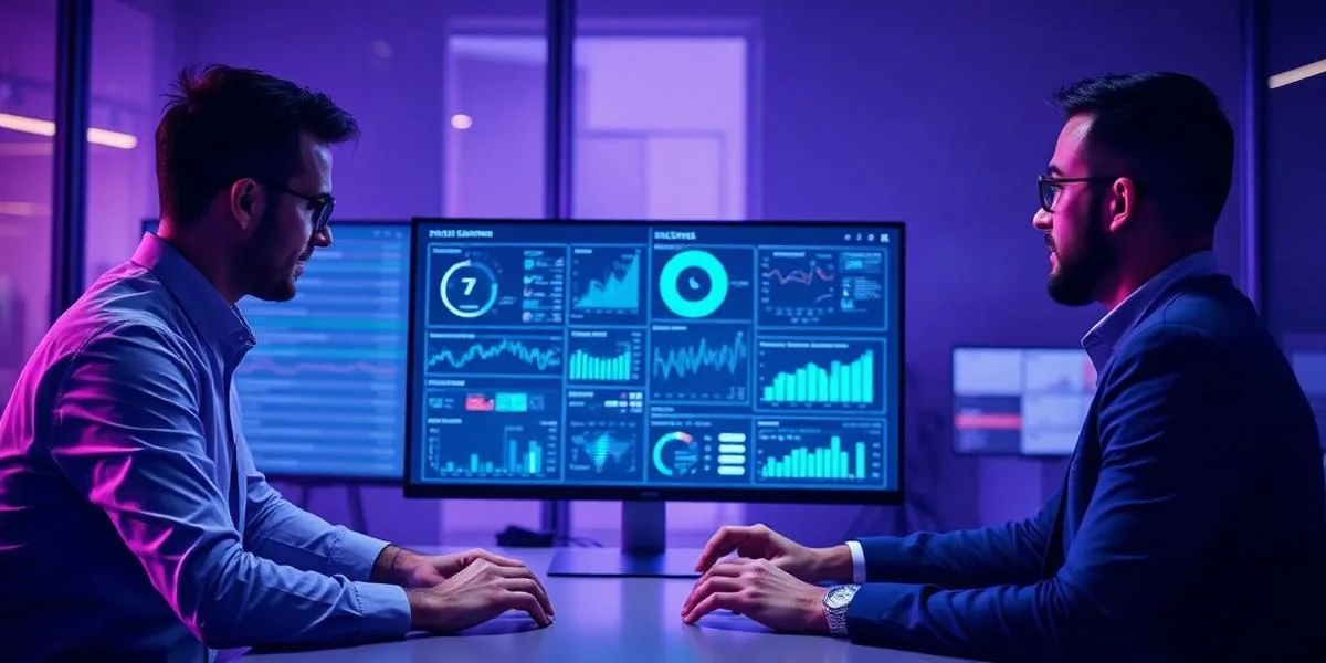 Consultants reviewing AI analytics dashboards on a large screen
